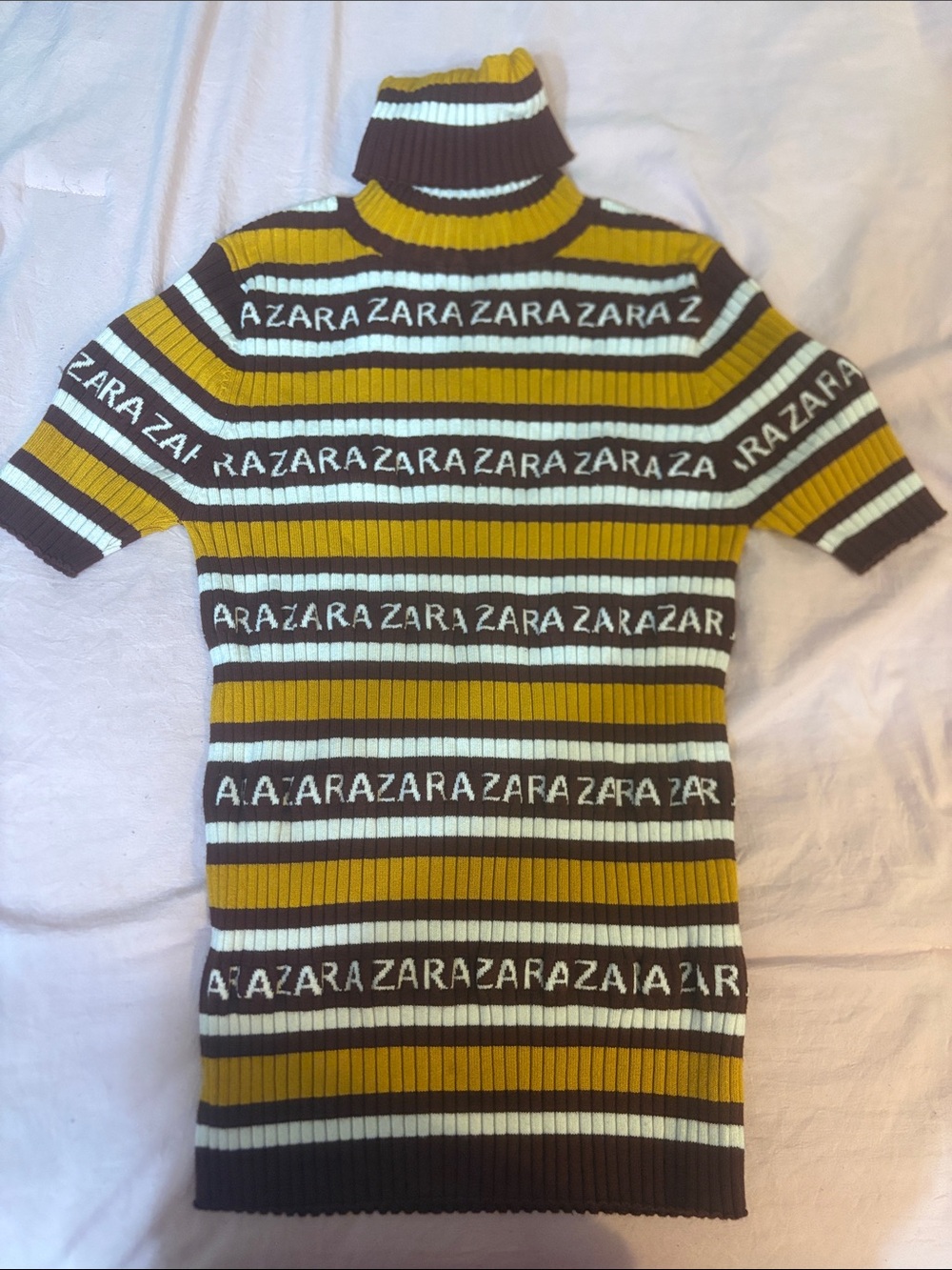 Zara Striped Ribbed Turtleneck Dress in Mustard, Brown, Ivory